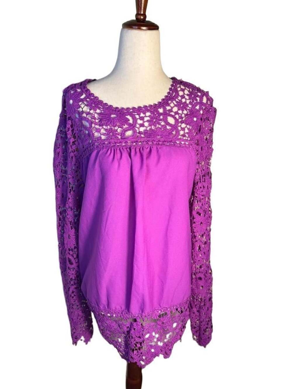 Purple Crochet Lace Long Sleeve Blouse XL H 1495